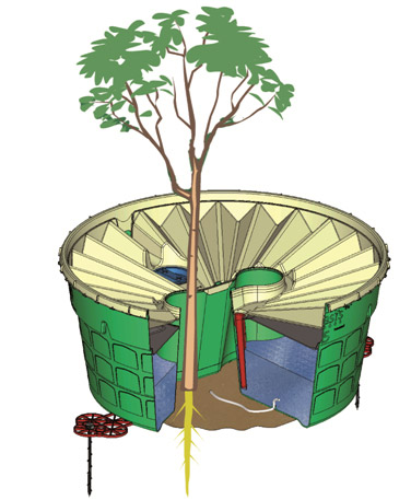 Formação de condensação ocorre na capa da planta casulo Waterboxx para que o bin se enche de água de chuva - as árvores podem ser plantadas em áreas secas sem água adicional